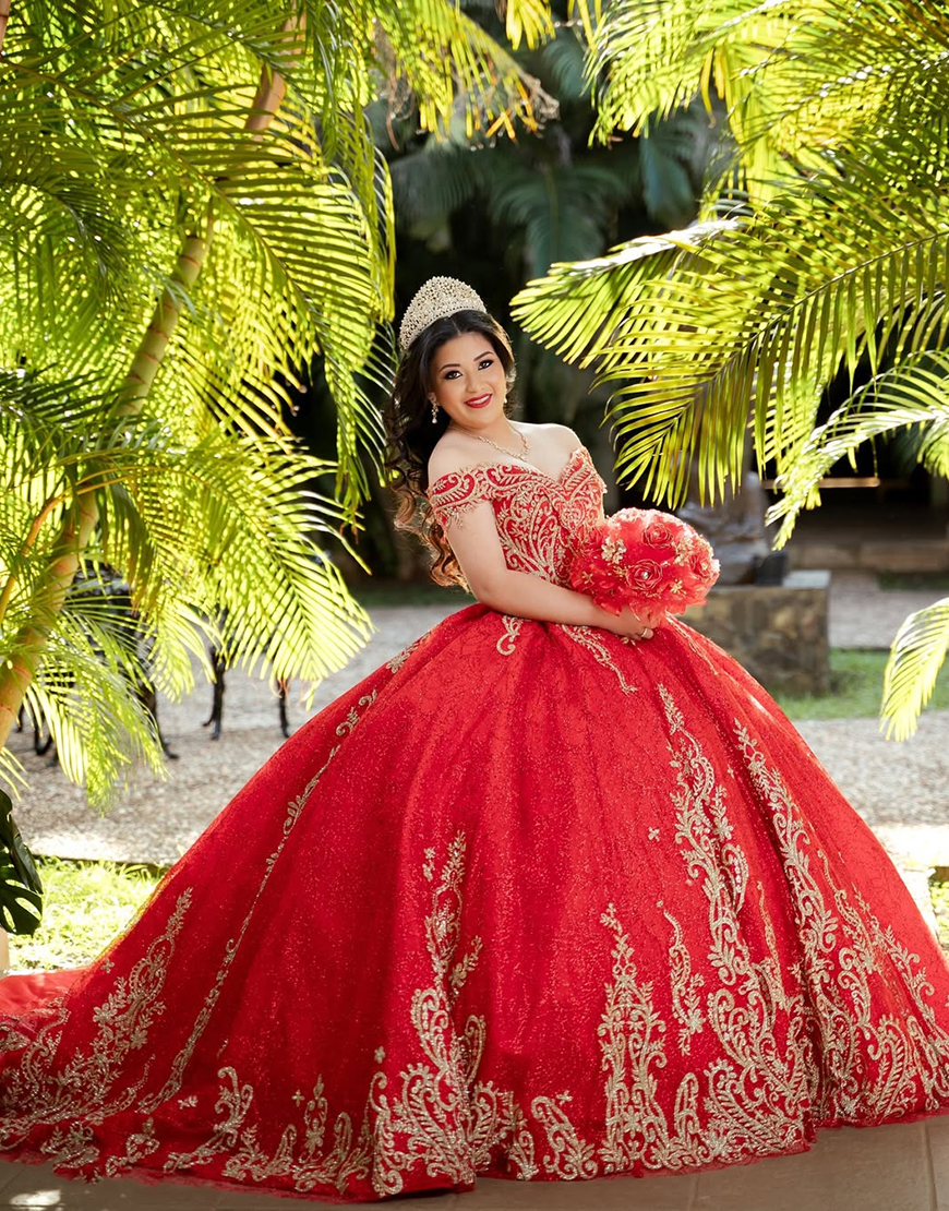 Sparkly Red Off the Shoulder Ball Gown Tulle Quinceanera Dress with Appliques