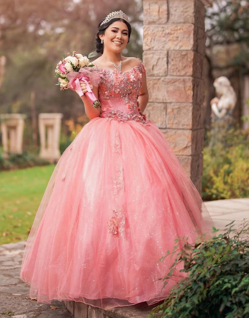 Princess Blush Pink Ball Gown Off the Shoulder Applique Sequin Quinceanera Dress