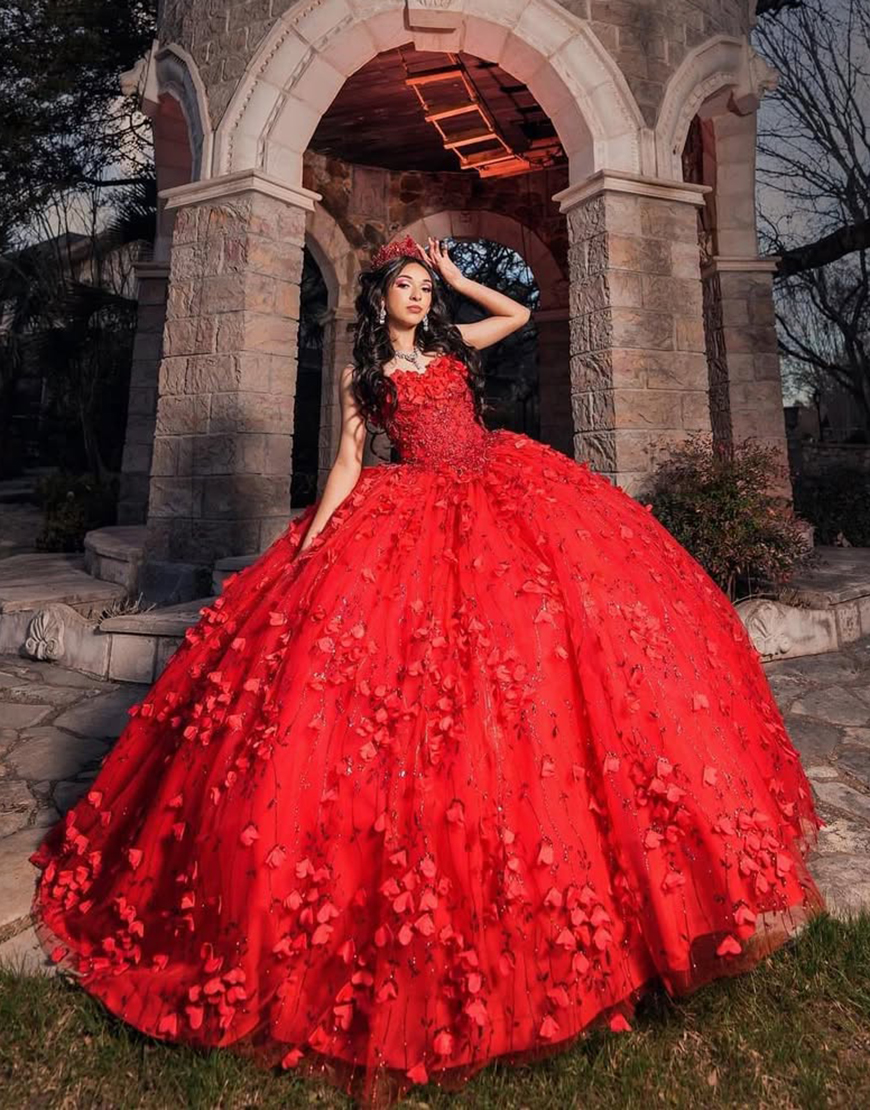Princess Red Ball Gown Strapless Beaded Flowers Tulle Quinceanera Dress