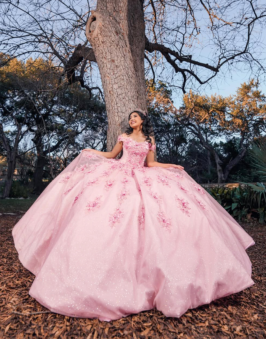 Princess Candy Pink Off the Shoulder Princess Applique Sequin Quinceanera Dress