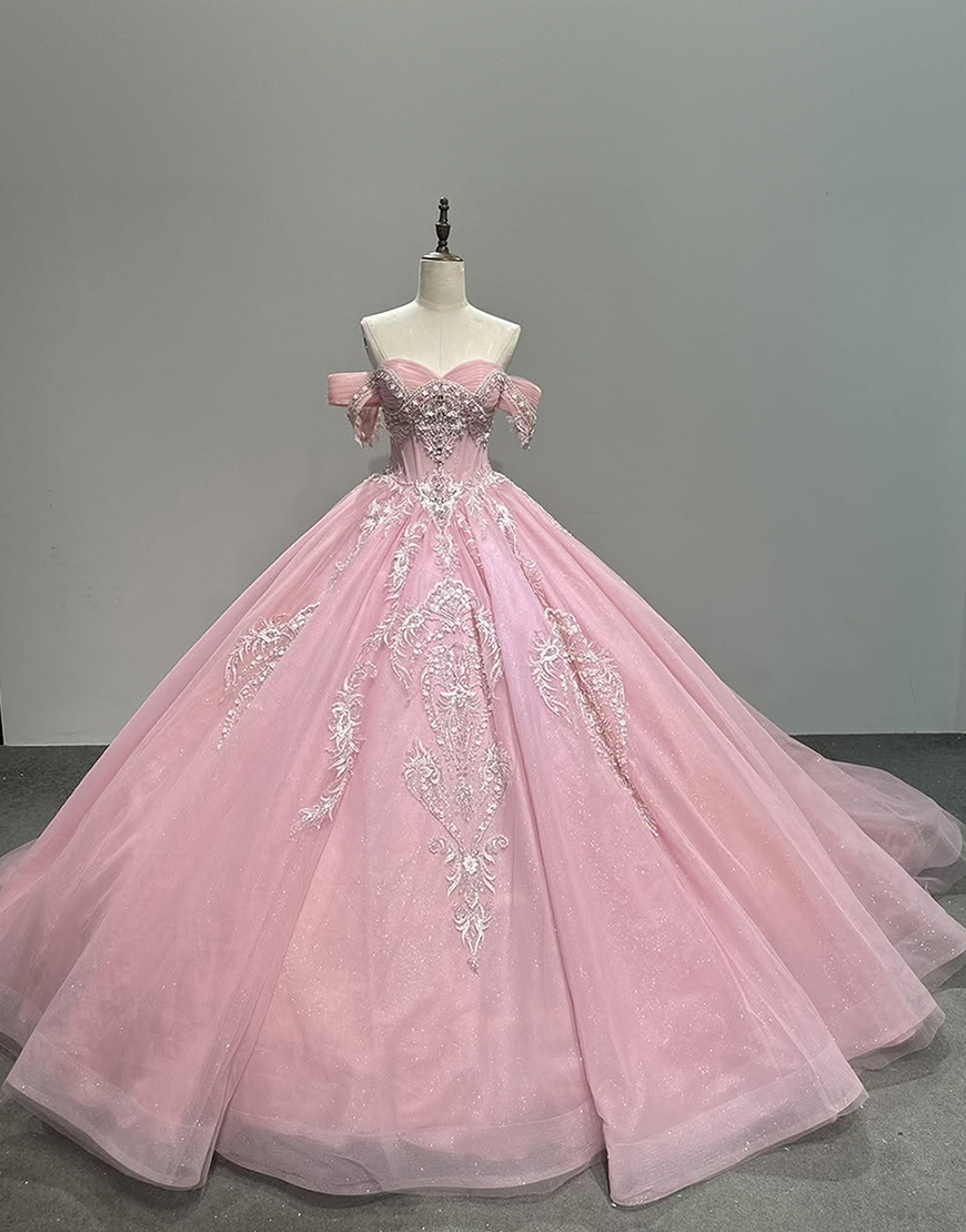 Princess Blush Pink Ball Gown Off the Shoulder Tulle Quinceanera Dress with Beading Appliques
