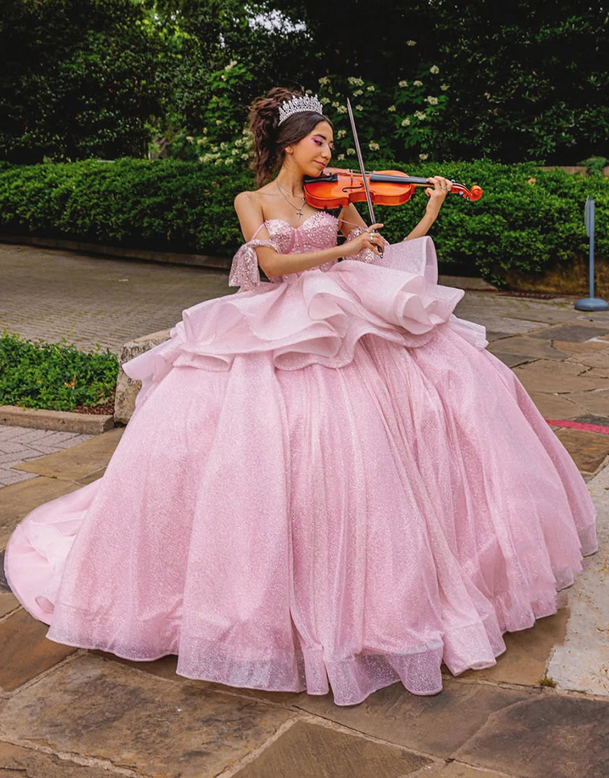Princess Candy Pink Ball Gown Off the Shoulder Ruffles Beading Quinceanera Dress with Bow