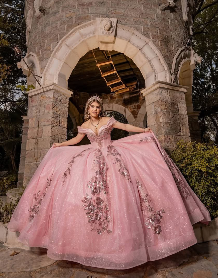 Princess Blush Pink Sequin Off the Shoulder Princess Applique Quinceanera Dress with Train