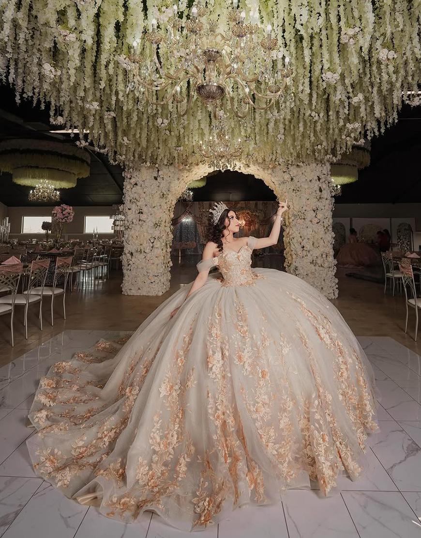 Sparkly Champagne Ball Gown Off the Shoulder 3D Flowers Beaded Quinceanera Dress