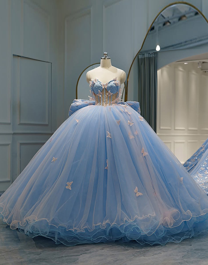 Sparkly Sky Blue Ball Gown Strapless Butterflies Tulle Quinceanera Dress with Bow