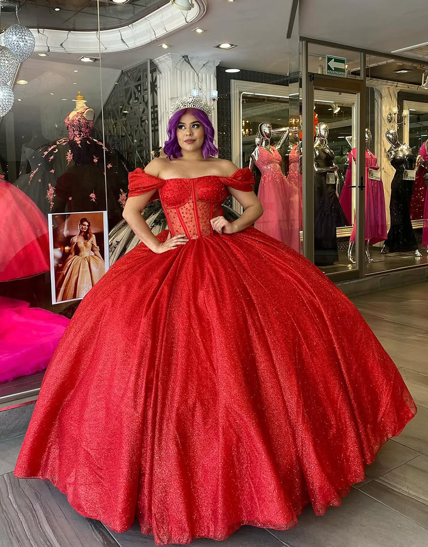 Princess Red Ball Gown Off the Shoulder Beaded Tulle Quinceanera Dress