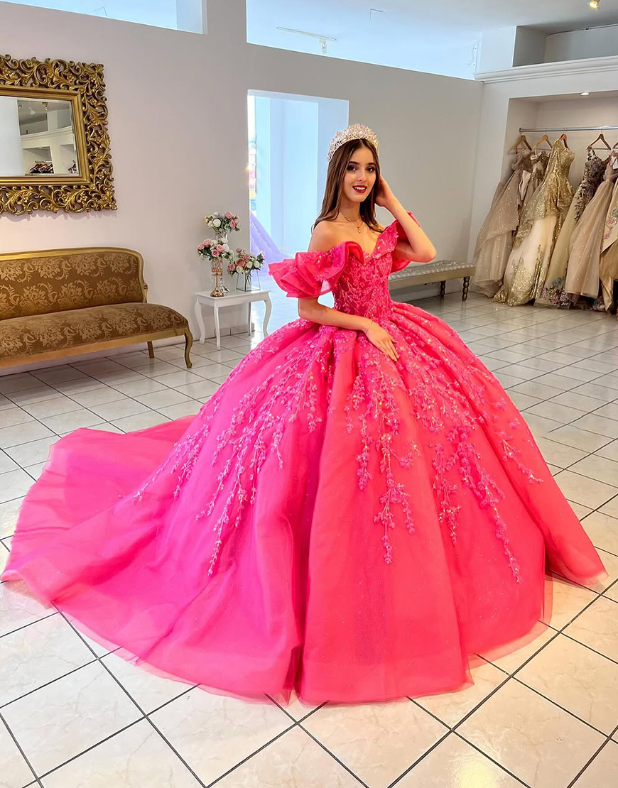 Princess Hot Pink Ball Gown Ruffle Off the Shoulder Tulle Quinceanera Dress with Sequined Appliques