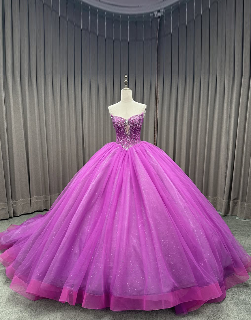 Princess Fuchsia Ball Gown Strapless Beaded Tulle Quinceanera Dress