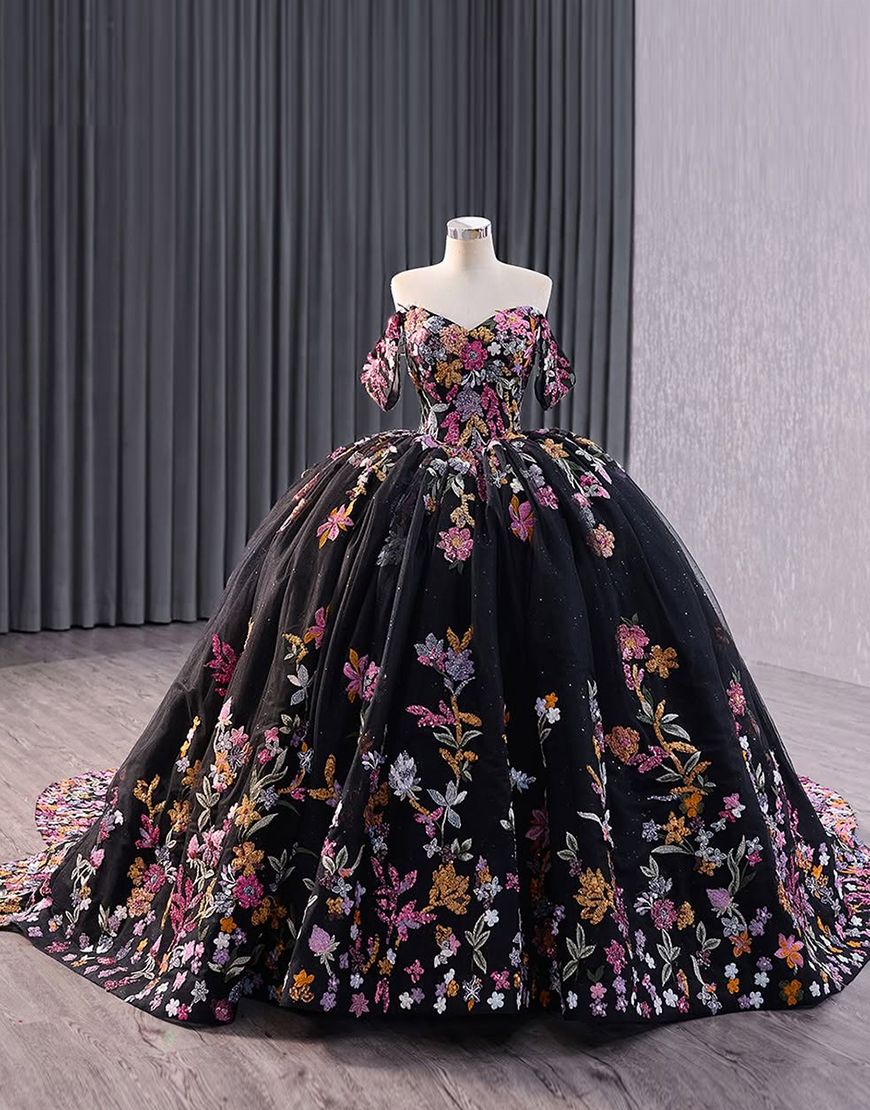 Princess Black Off the Shoulder Princess Sequin Applique Quinceanera Dress with Embroidery