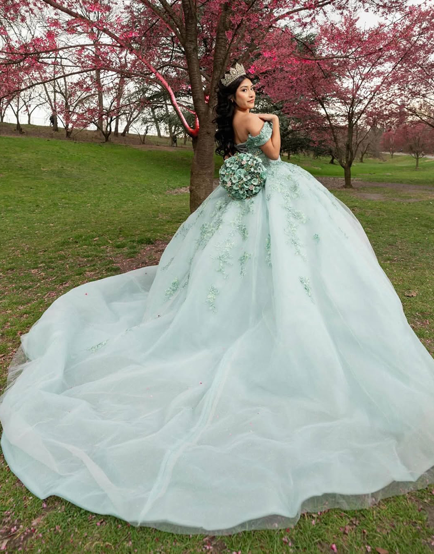 Sparkly Green Ball Gown Off the Shoulder Tulle Quinceanera Dress with Floral Appliques