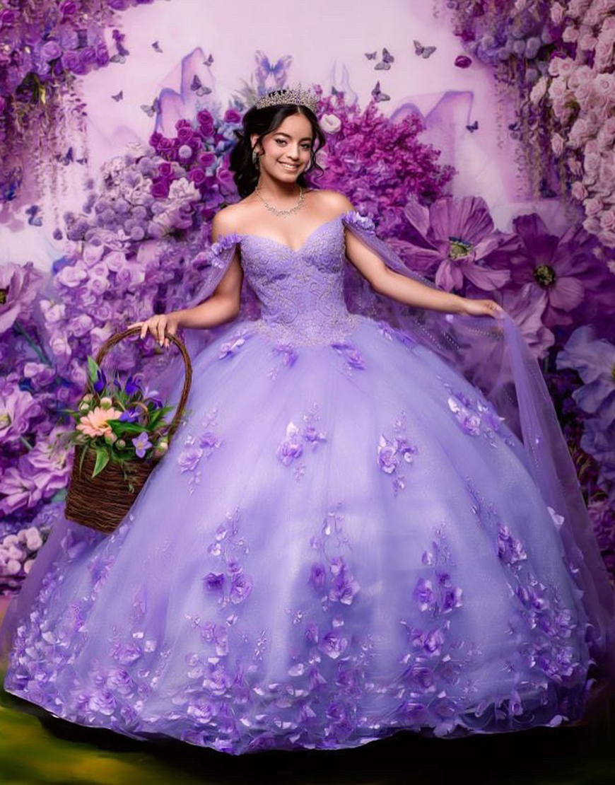 Sparkly Lavender Ball Gown Off the Shoulder Tulle Quinceanera Dress with Appliques