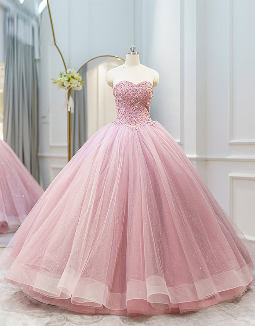Princess Candy Pink Ball Gown Strapless Tulle Quinceanera Dress
