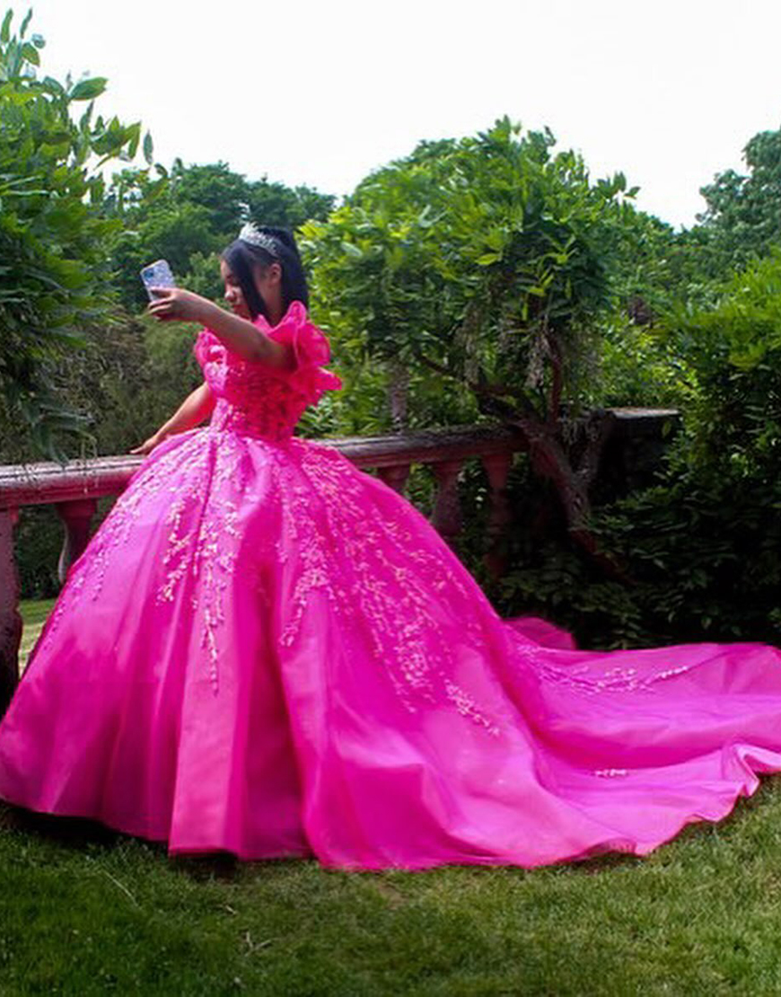 Princess Fuchsia Off the Shoulder Ball Gown Applique Corset Quinceanera Dress