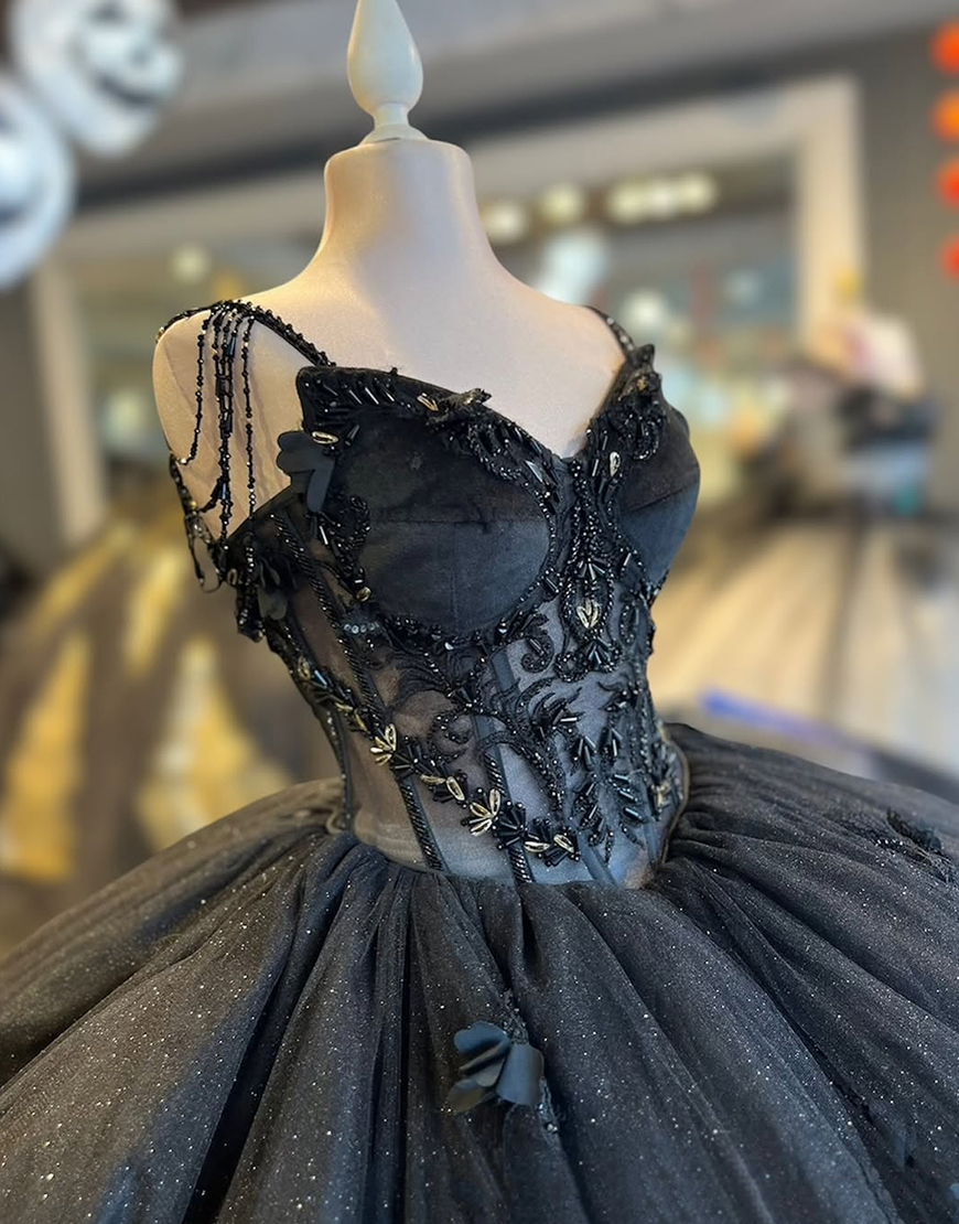 Princess Black Spaghetti Straps Princess Sequin Applique Quinceanera Dress