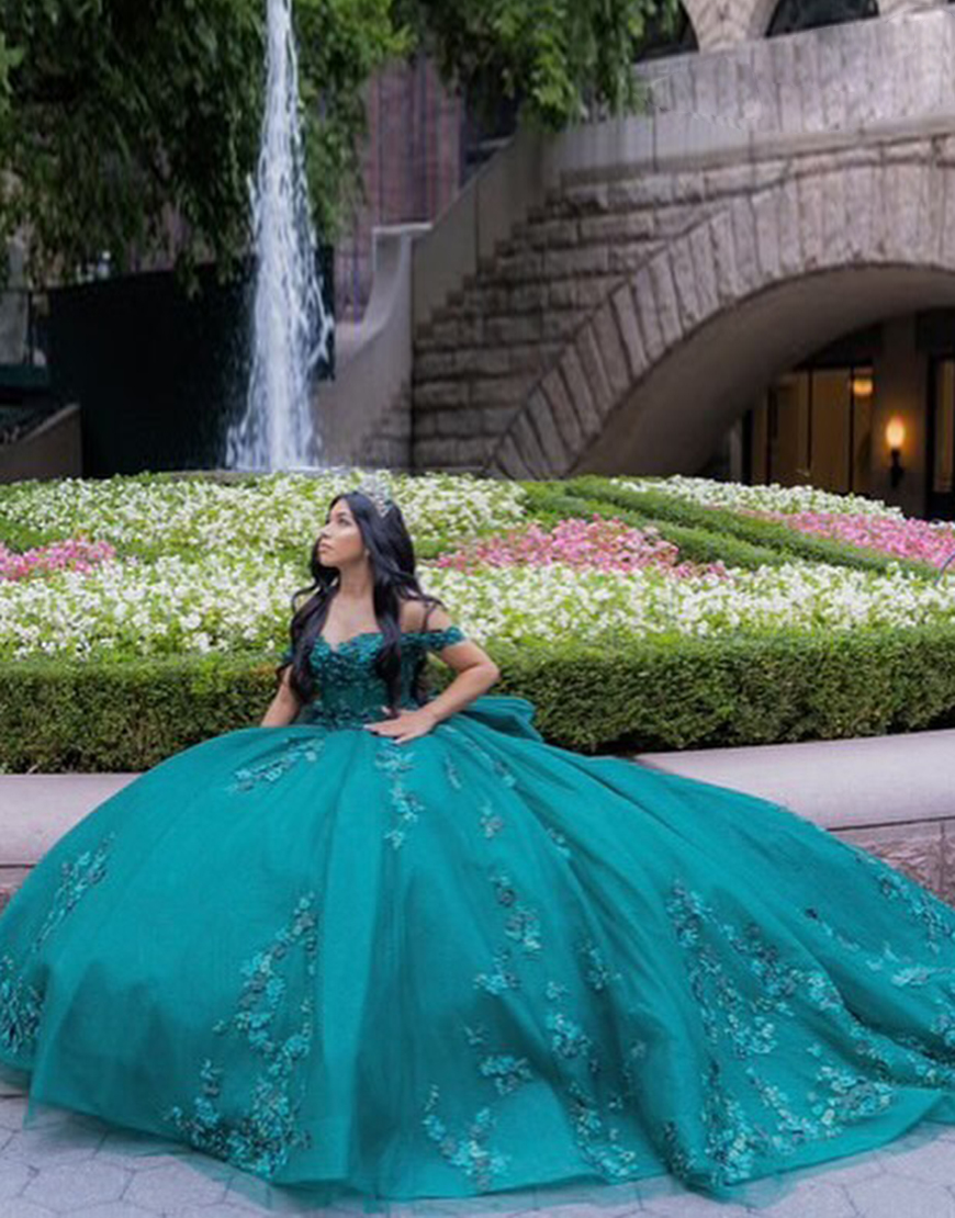 Princess Peacock Green Off the Shoulder Ball Gown Tulle Applique Quinceanera Dress with Bow