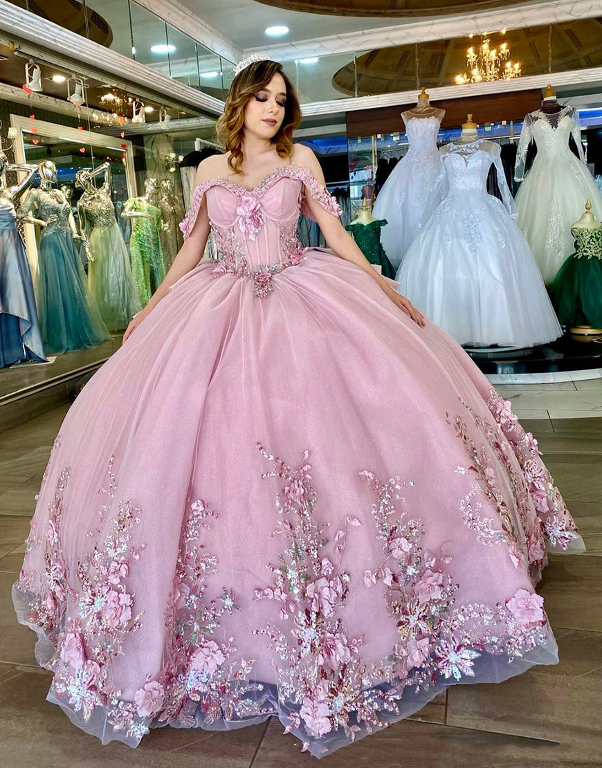 Princess Candy Pink Floral Off the Shoulder Ball Gown Applique Quinceanera Dress