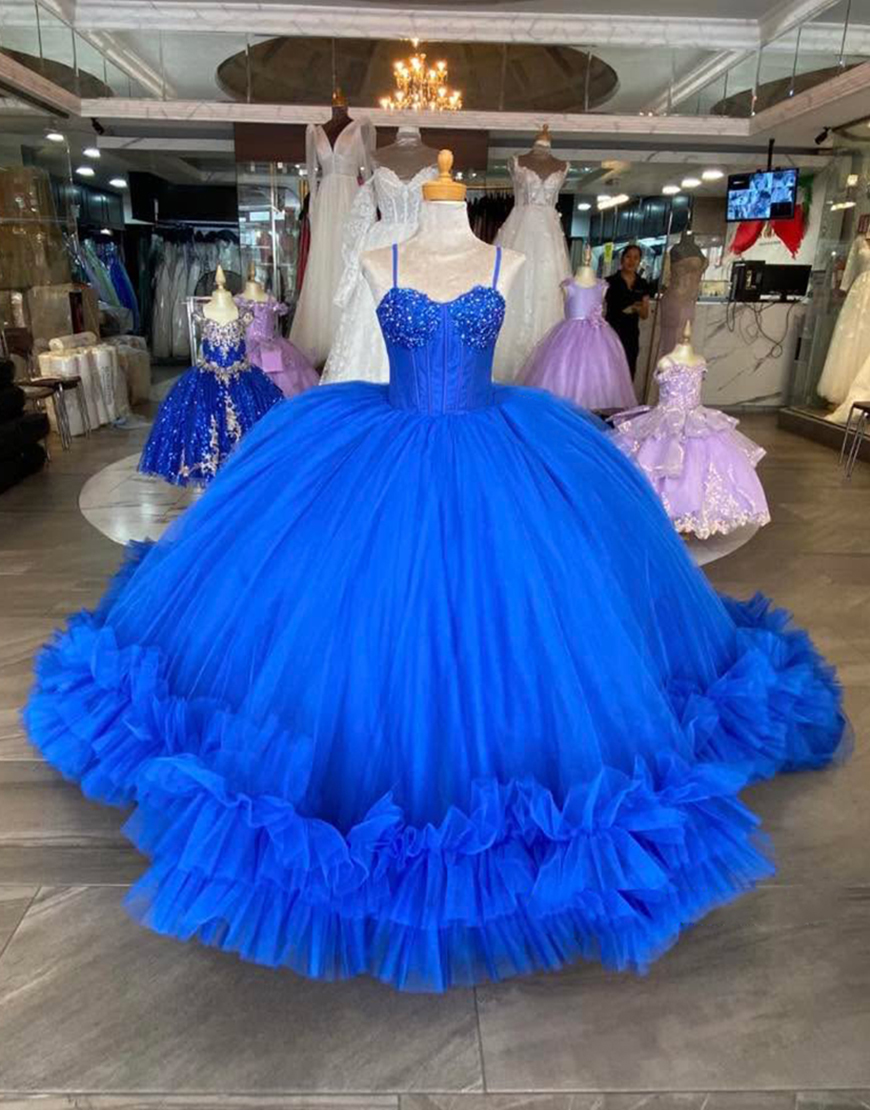 Princess Royal Blue Tulle Ball Gown Spaghetti Straps Quinceanera Dress with Beading