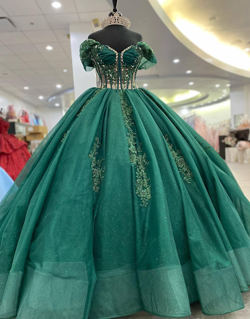 Princess Pine Green Ball Gown Off the Shoulder Tulle Applique Quinceanera Dress