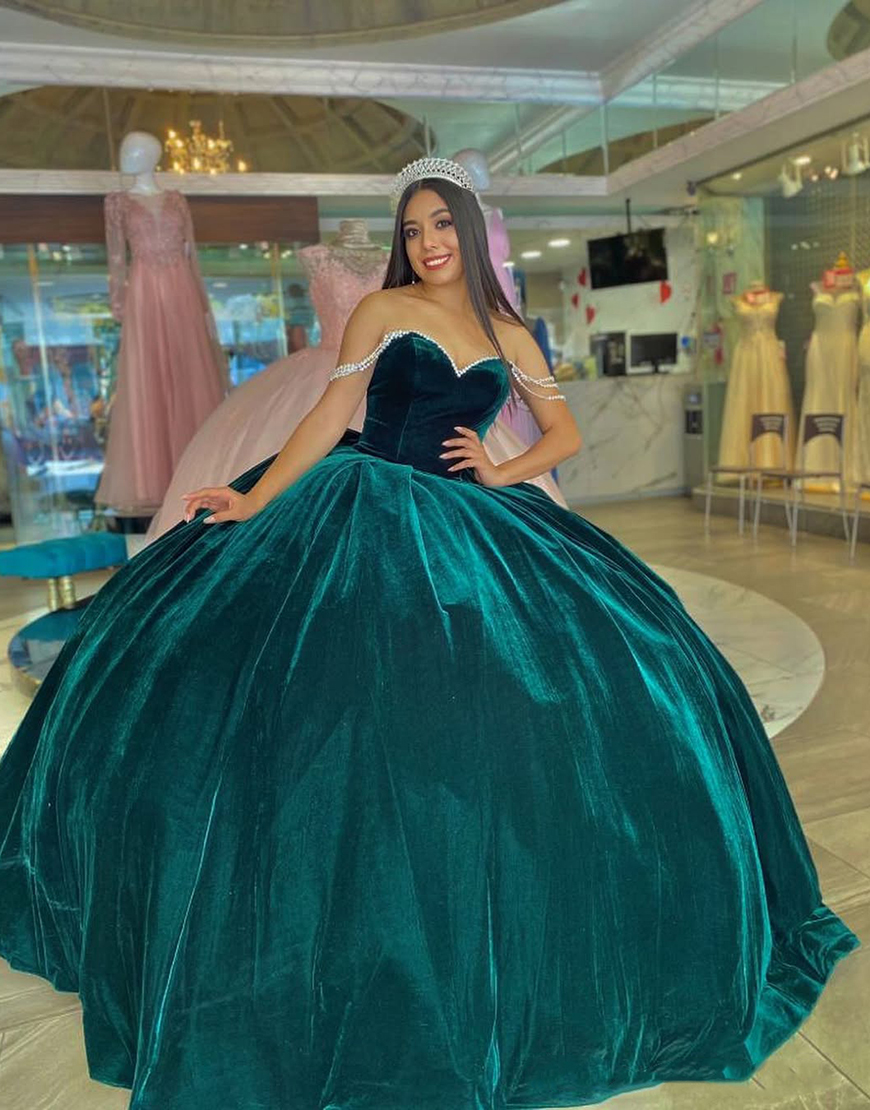 Princess Peacock Green Off the Shoulder Ball Gown Velvet Quinceanera Dress with Bow
