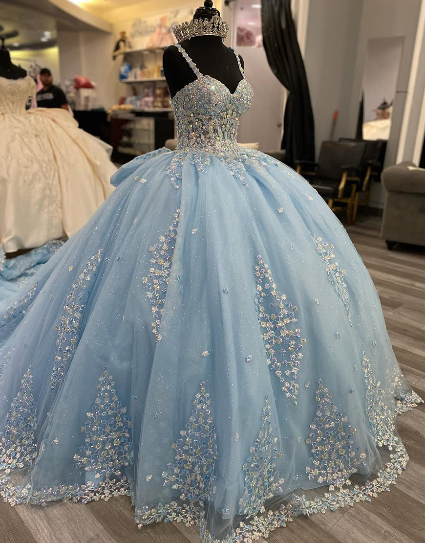 Princess Sky Blue Spaghetti Straps Princess Sequin Applique Tulle Quinceanera Dress with Bow