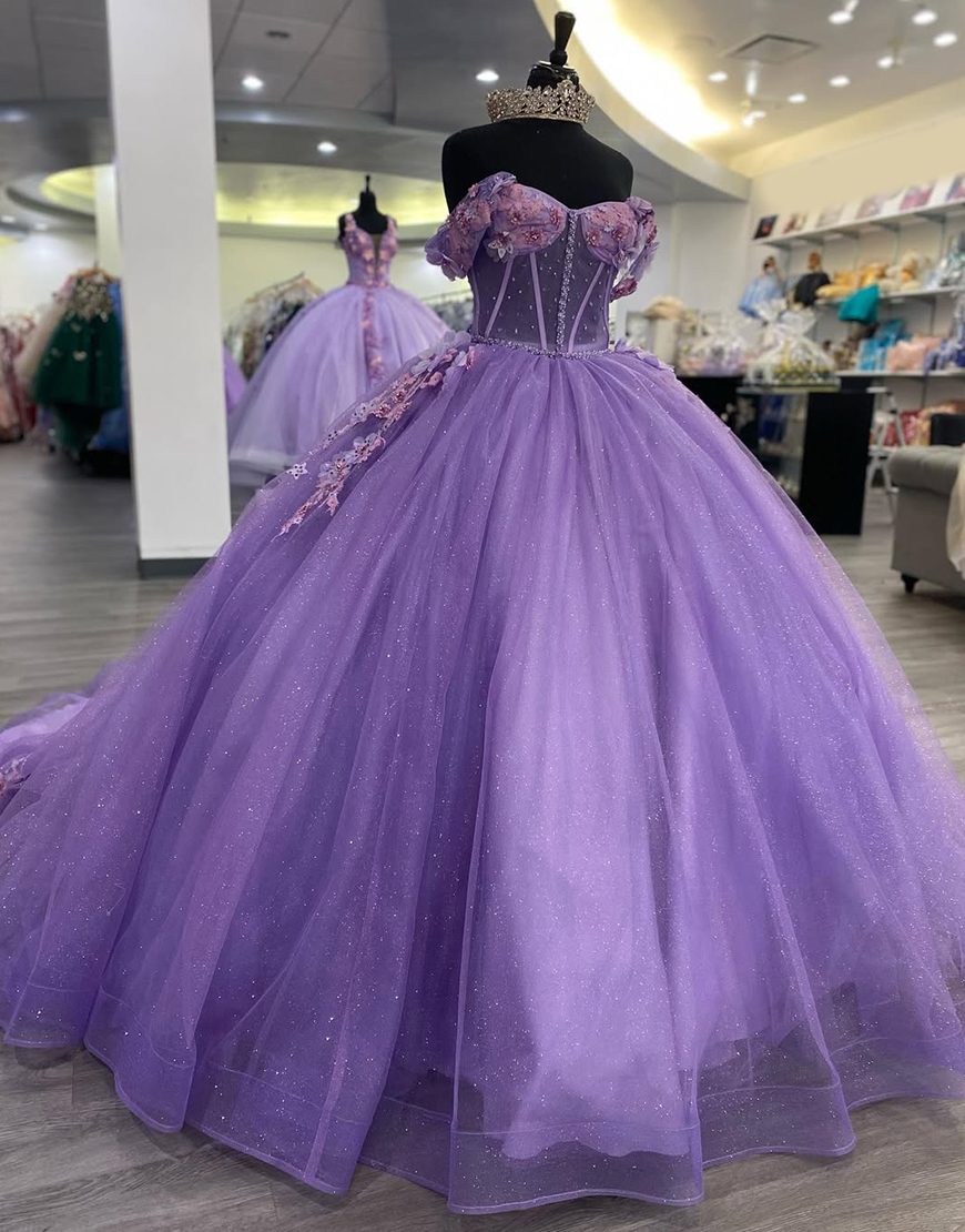 Princess Off the Shoulder Ball Gown Applique Tulle Quinceanera Dress with Train