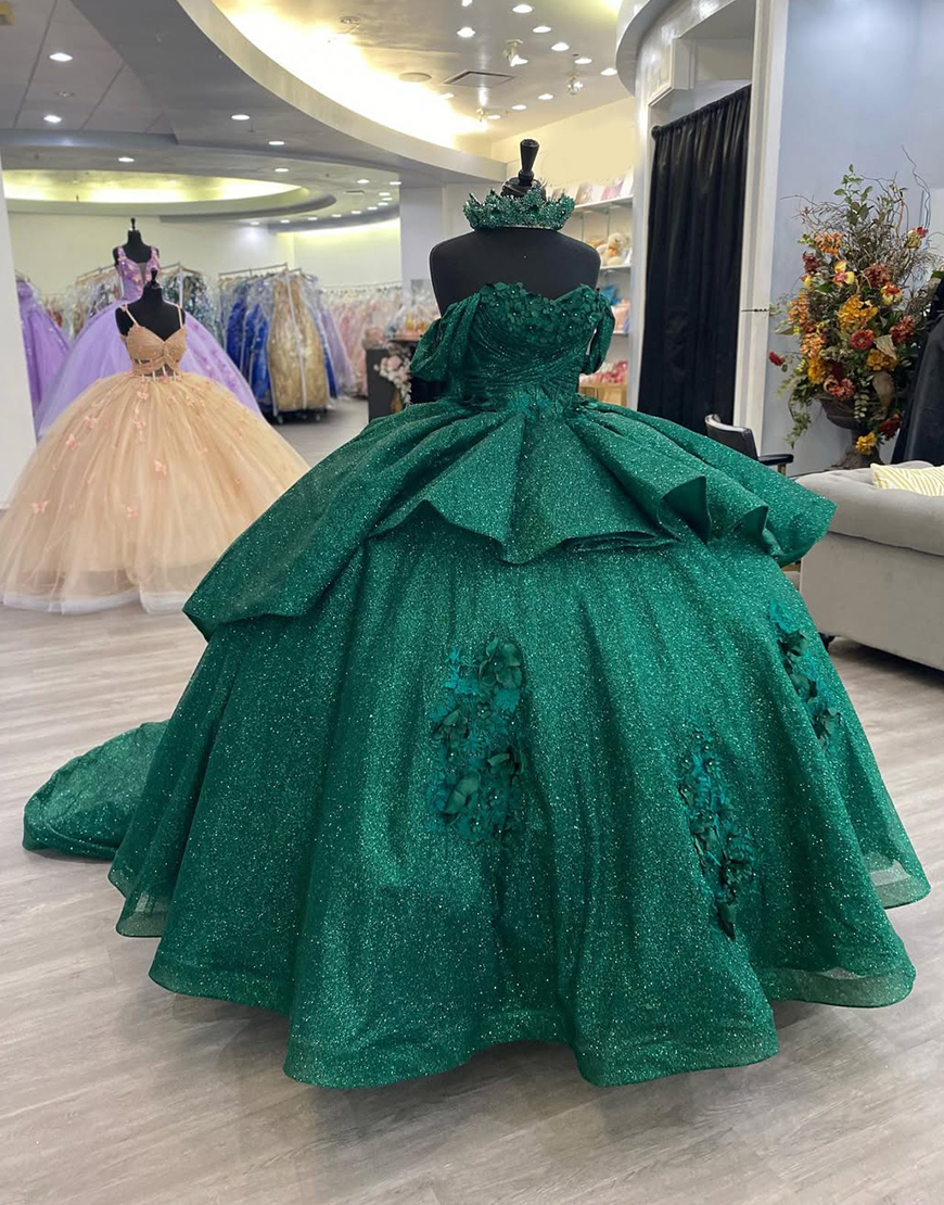 Princess Pine Green Off the Shoulder Ball Gown Tulle Applique Quinceanera Dress with Train