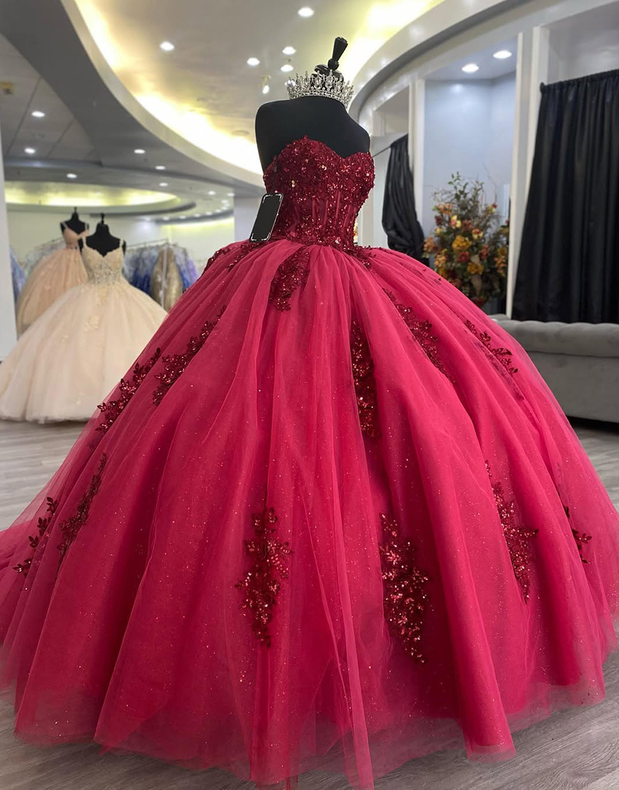 Princess Burgundy Sweetheart Ball Gown Tulle Applique Quinceanera Dress with Bow