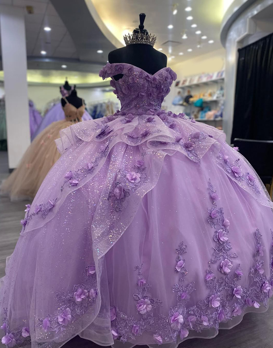 Princess Lilac Off the Shoulder Ball Gown Tulle Applique Quinceanera Dress