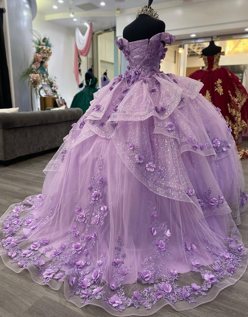 Princess Lilac Off the Shoulder Ball Gown Tulle Applique Quinceanera Dress