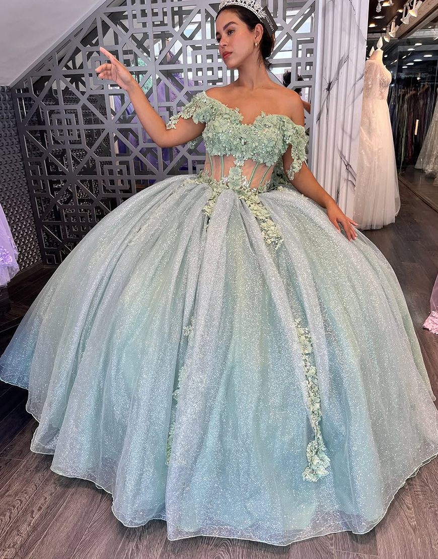 Princess Dusty Sage Off the Shoulder Ball Gown Applique Quinceanera Dress with Bow