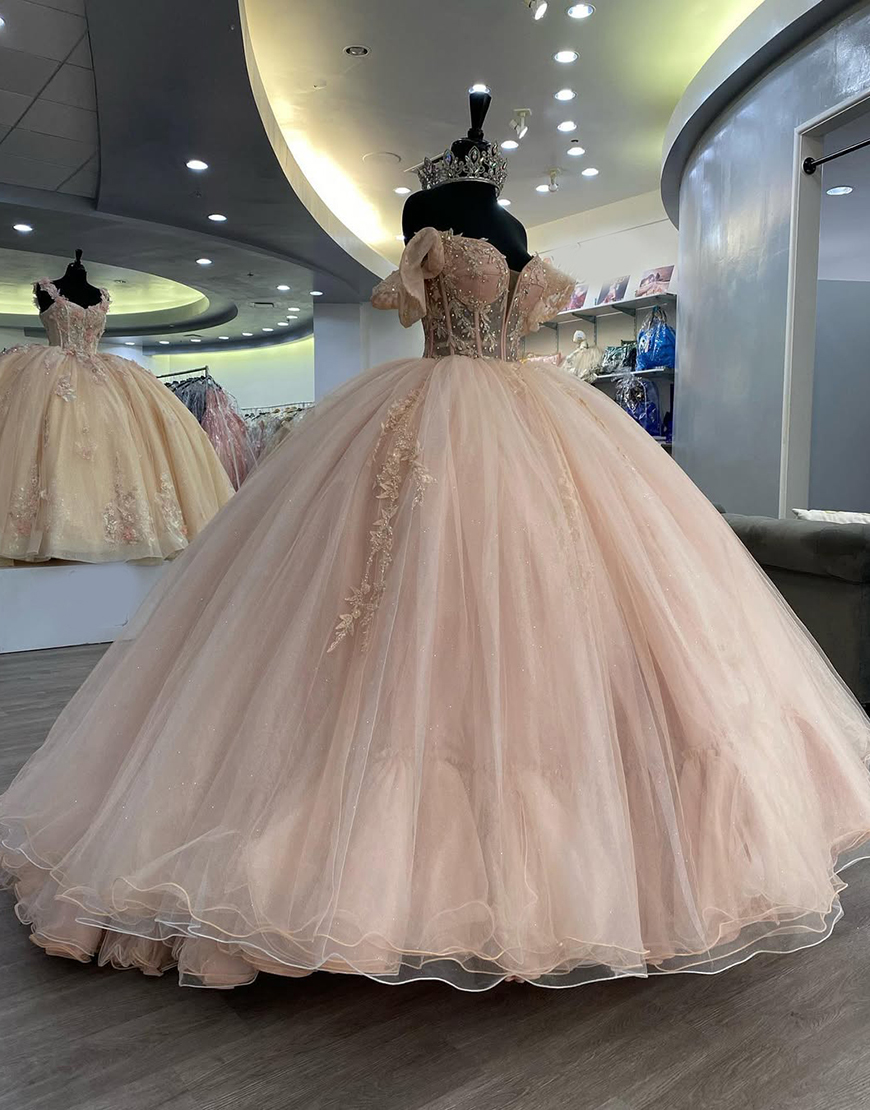 Sparkly Blush Pink Off the Shoulder Tulle Ball Gown Quinceanera Dress with Appliques