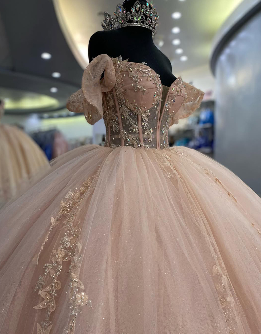 Sparkly Blush Pink Off the Shoulder Tulle Ball Gown Quinceanera Dress with Appliques