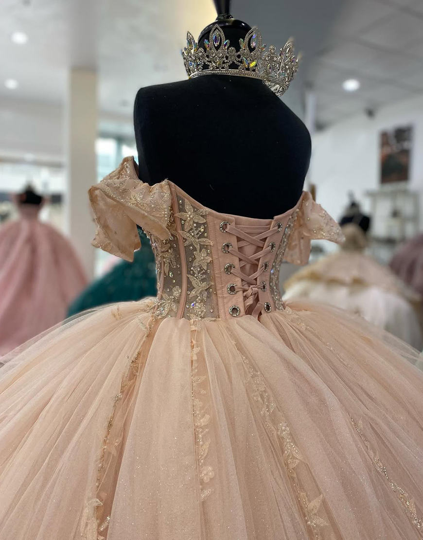Sparkly Blush Pink Off the Shoulder Tulle Ball Gown Quinceanera Dress with Appliques
