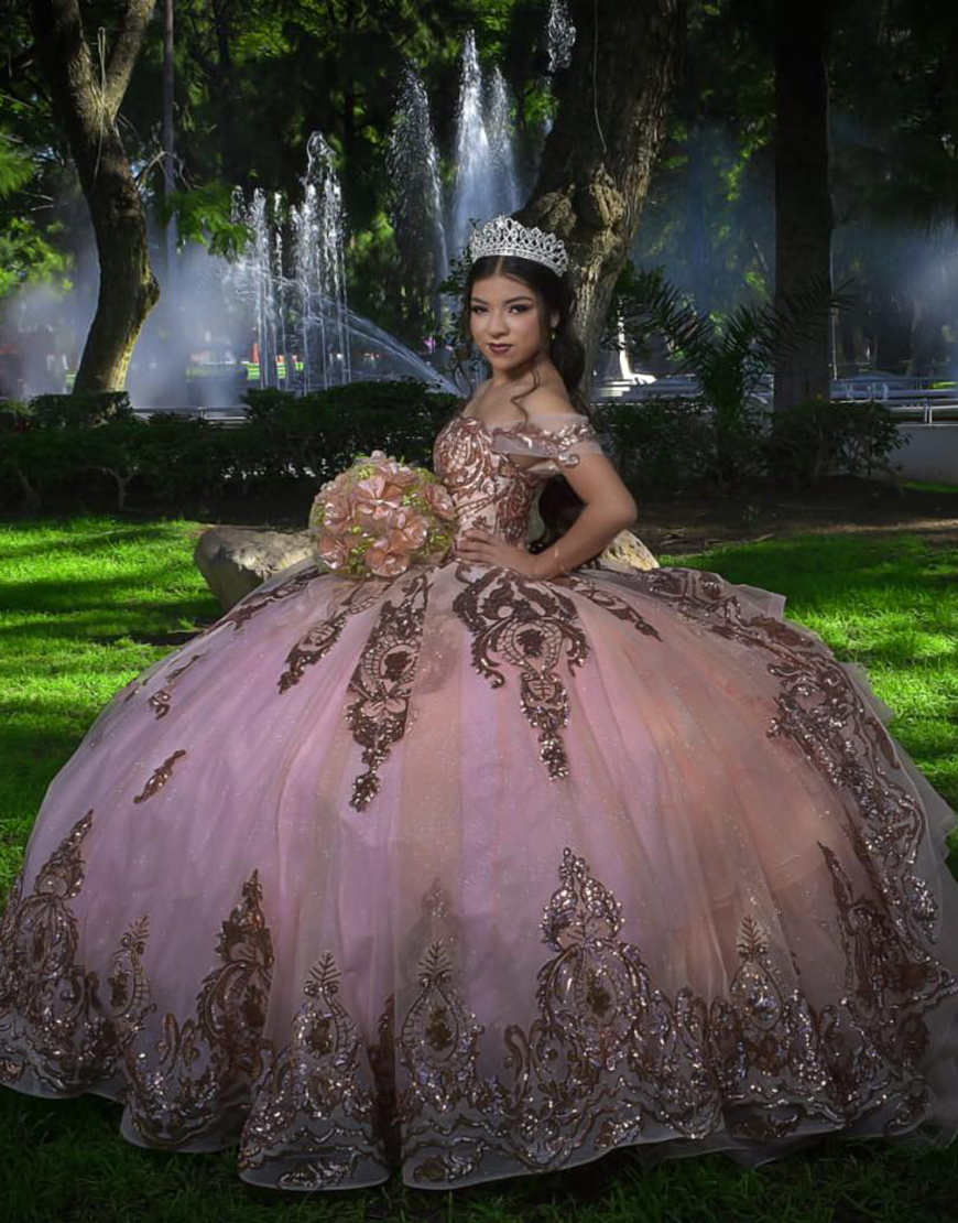 Princess Gold Rose Ball Gown Off the Shoulder Tulle Quinceanera Dress with Appliques