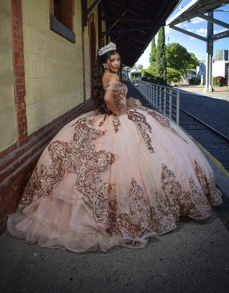 Princess Gold Rose Ball Gown Off the Shoulder Tulle Quinceanera Dress with Appliques