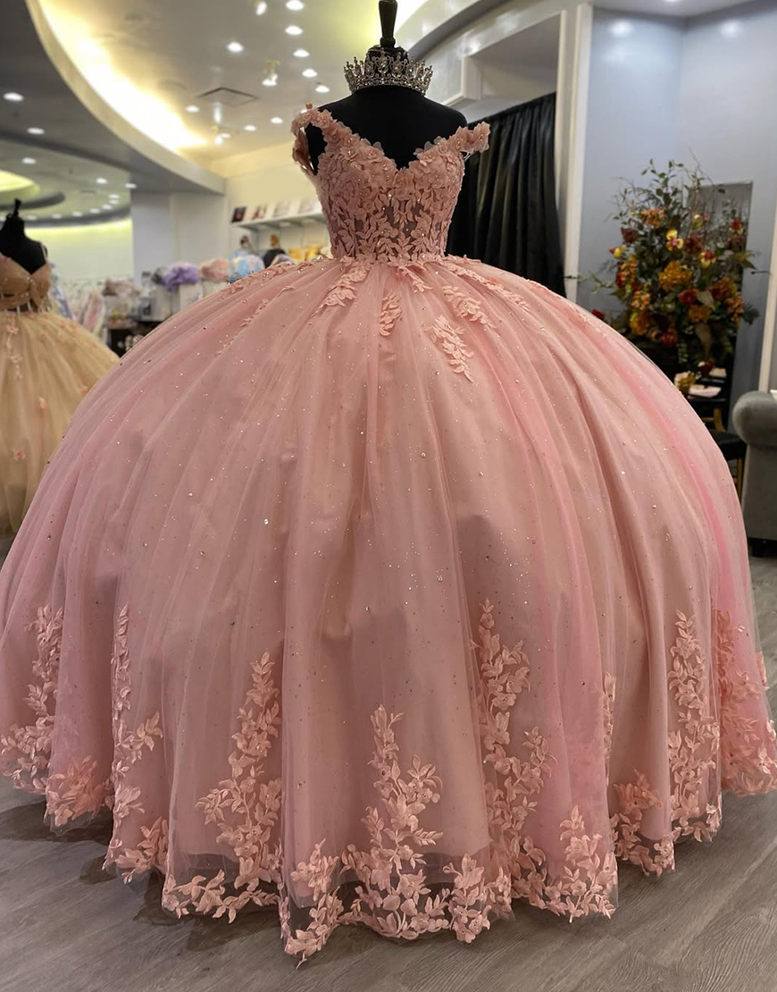 Princess Blush Pink Spaghetti Straps Princess Sequin Applique Quinceanera Dress
