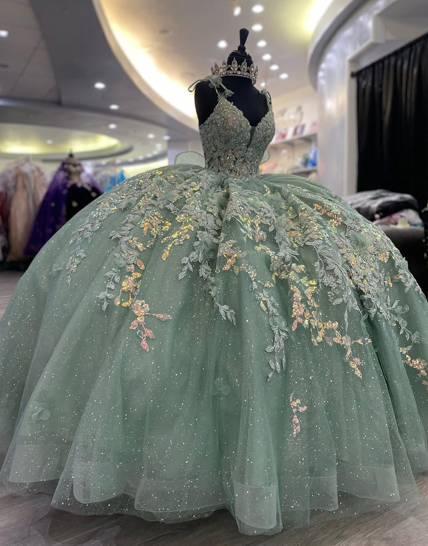 Princess Dusty Sage Spaghetti Straps Ball Gown Tulle Quinceanera Dress with Appliques