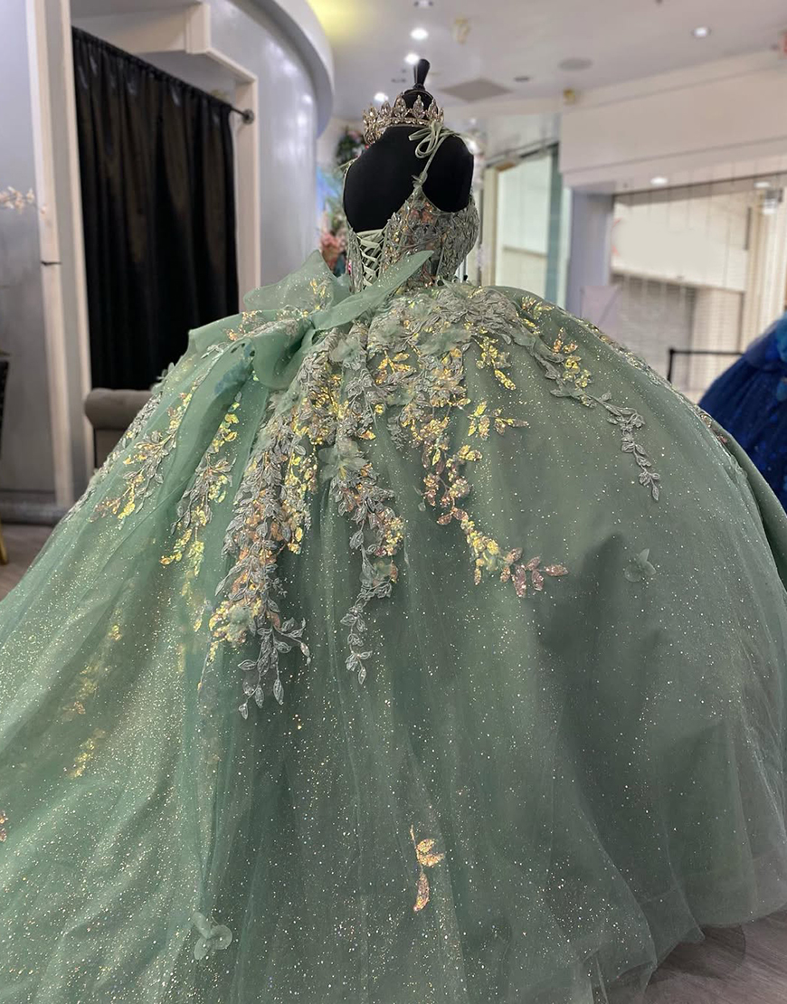 Princess Dusty Sage Spaghetti Straps Ball Gown Tulle Quinceanera Dress with Appliques