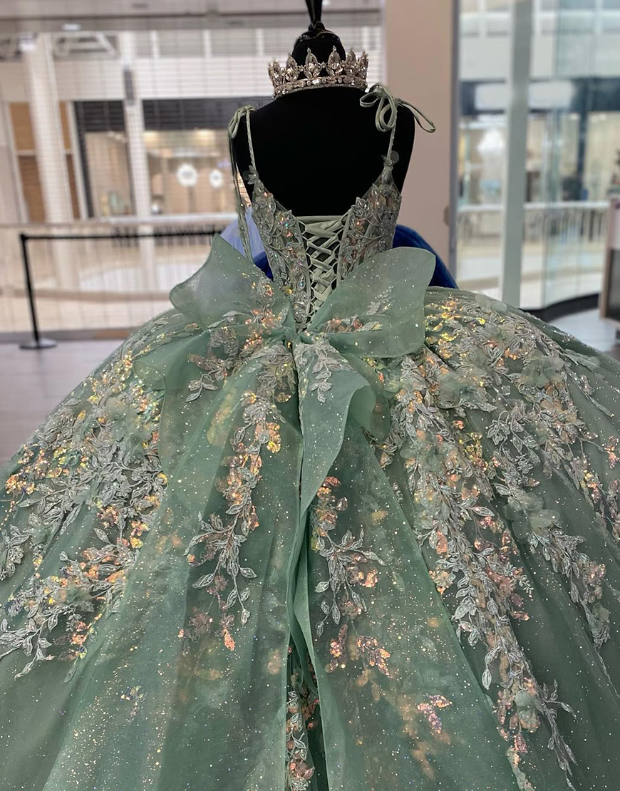 Princess Dusty Sage Spaghetti Straps Ball Gown Tulle Quinceanera Dress with Appliques