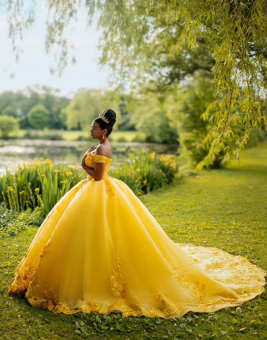 Princess Yellow Off the Shoulder Ball Gown Tulle Quinceanera Dress with Appliques