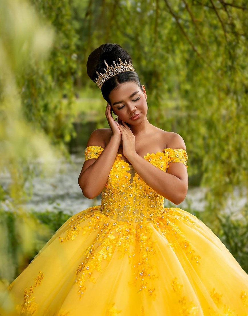 Princess Yellow Off the Shoulder Ball Gown Tulle Quinceanera Dress with Appliques