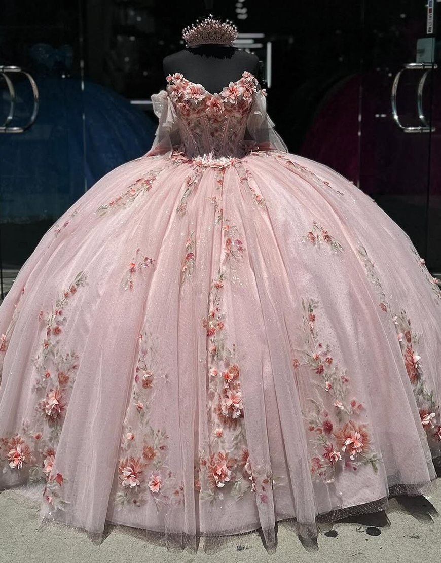 Princess Blush Pink Off the Shoulder Ball Gown Tulle Applqiued Quinceanera Dress with Bow