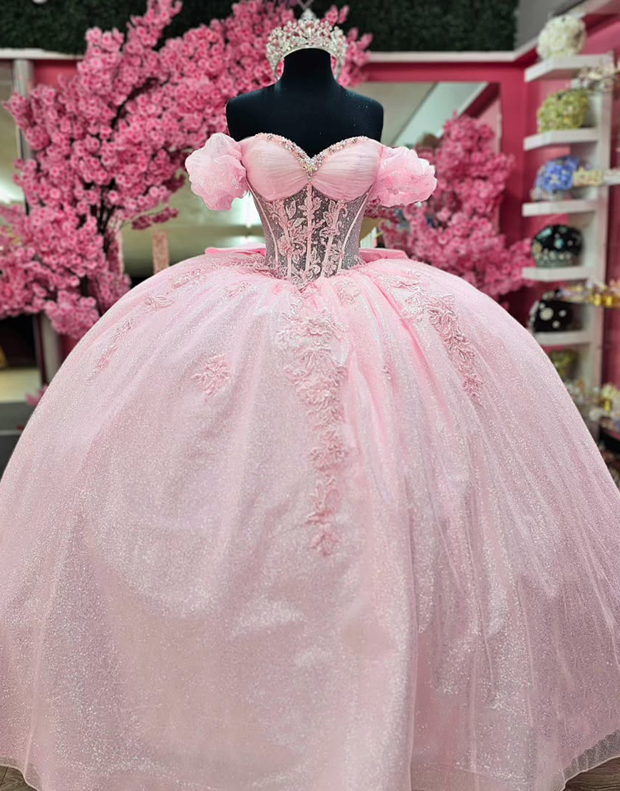 Princess Blush Pink Off the Shoulder Ball Gown Tulle Applqiued Corset Quinceanera Dress