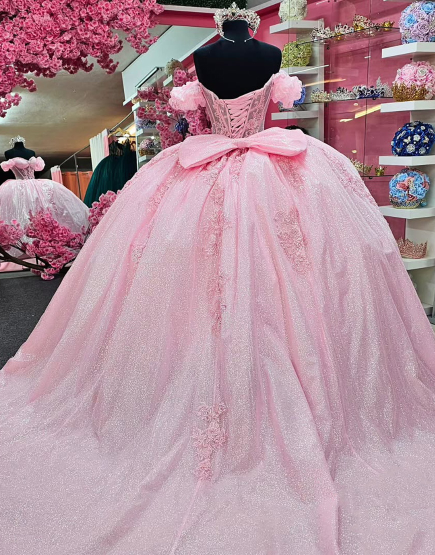 Princess Blush Pink Off the Shoulder Ball Gown Tulle Applqiued Corset Quinceanera Dress