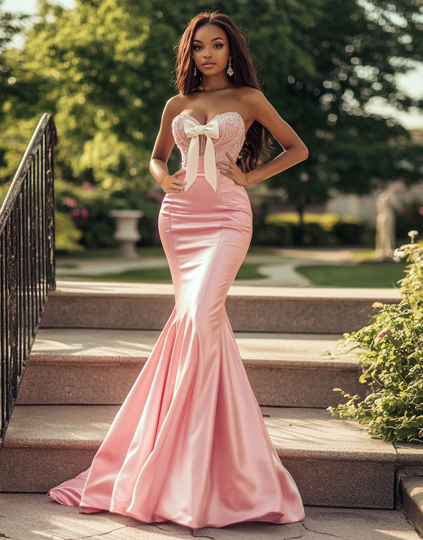 Sparkly Blush Strench Satin Sweetheart Mermaid Long Prom Dress with Bow