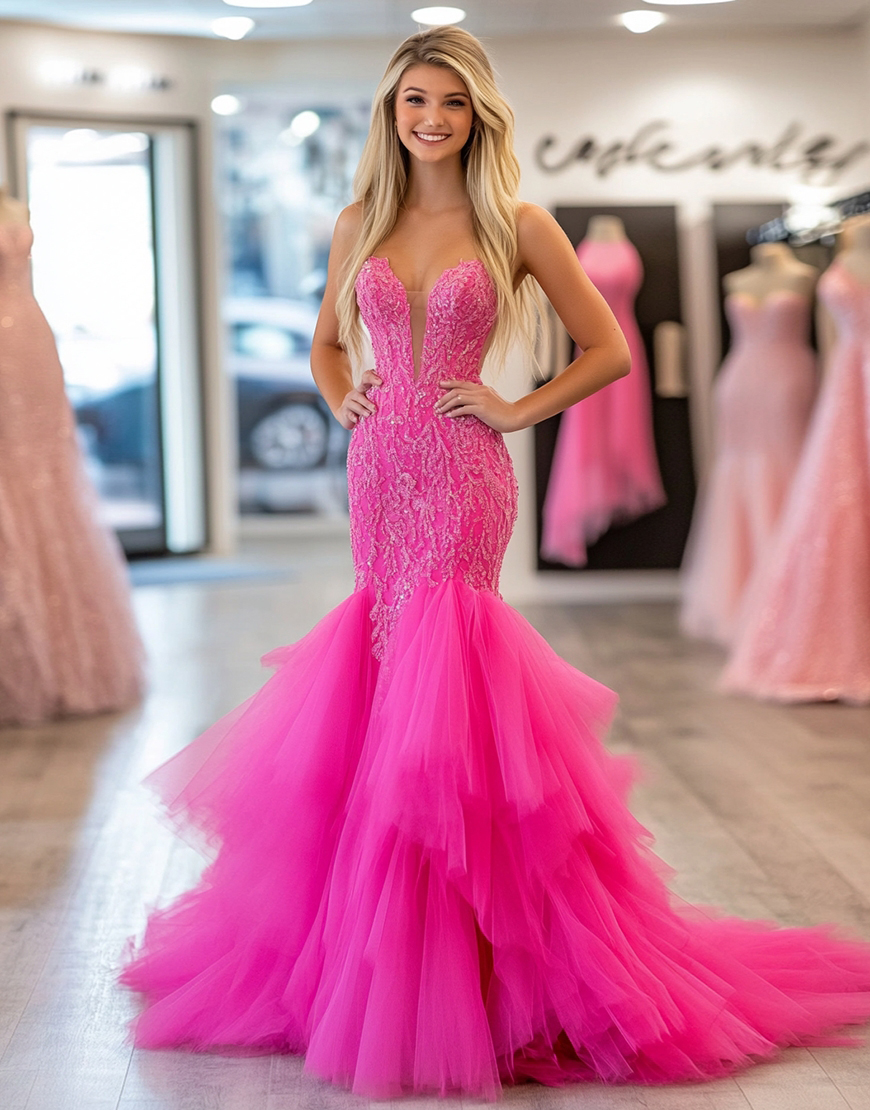 Sparkly Fuchsia Strapless Mermaid Tulle Ruffles Long Prom Dress with Lace Appliques