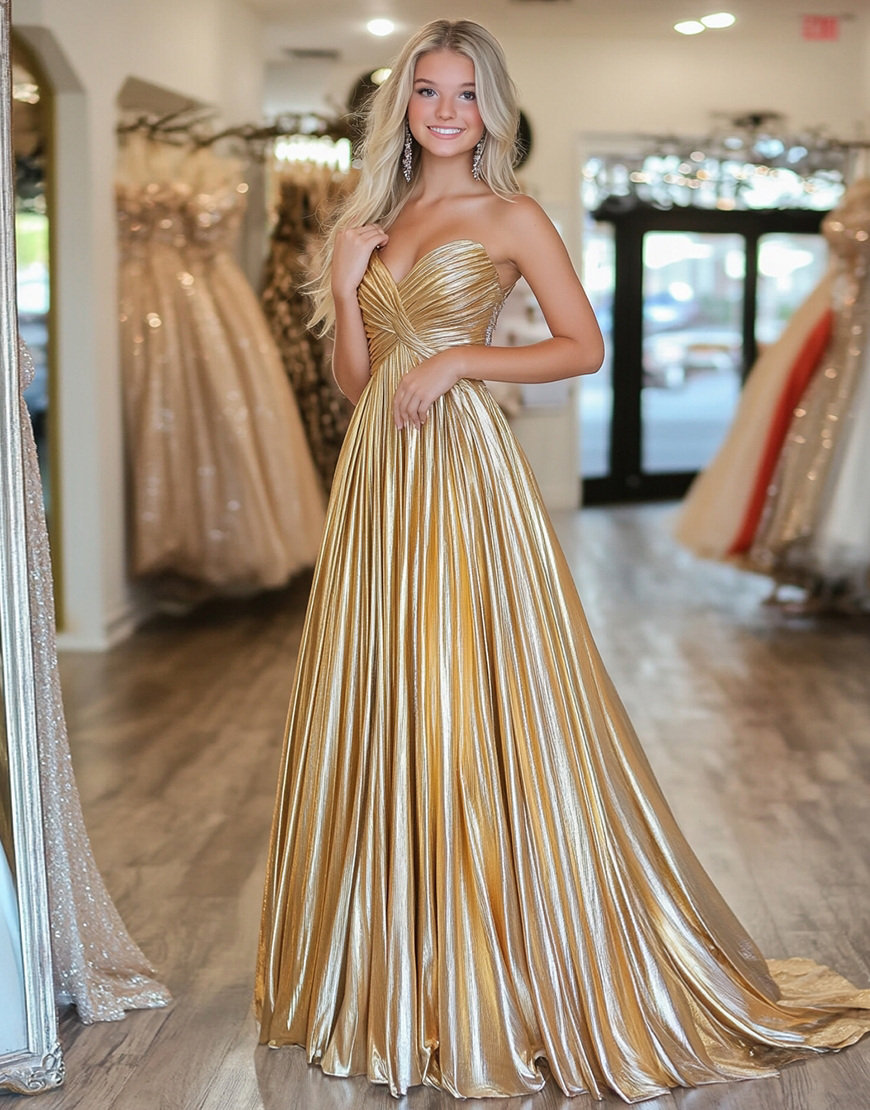 Metallic Gold Strapless Pleated A Line Long Prom Dress