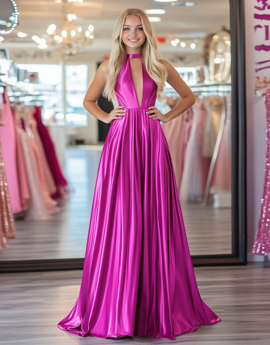 Chic Fuchsia Halter A Line Sleeveless Satin Long Prom Dress with Hollow Out