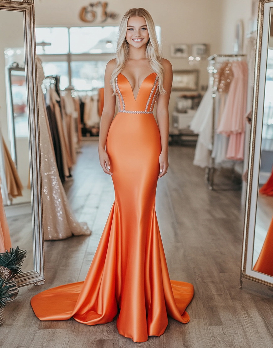 Orange Stretch Satin Strapless Mermaid Long Prom Dress with Rhinestones