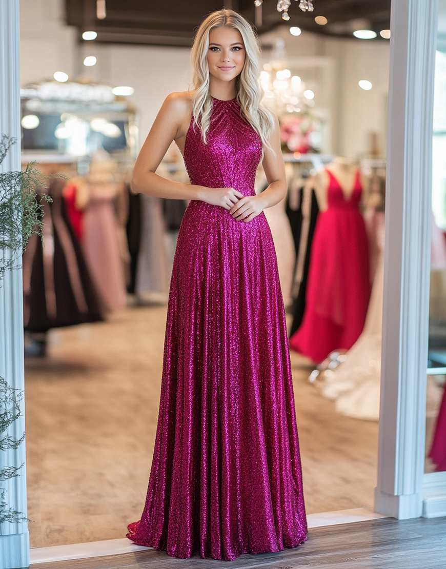 Sparkly Fuchsia Halter Sleeveless A Line Long Prom Dress